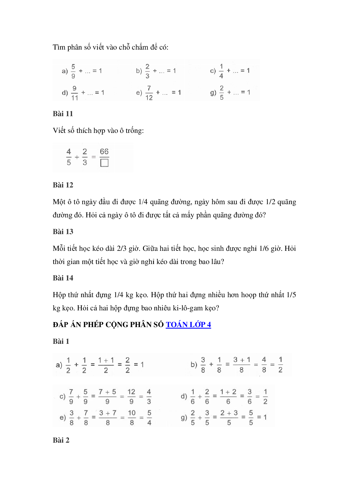 60 Bài tập về Phép cộng phân số (có đáp án năm 2024) - Toán lớp 4 (trang 3)