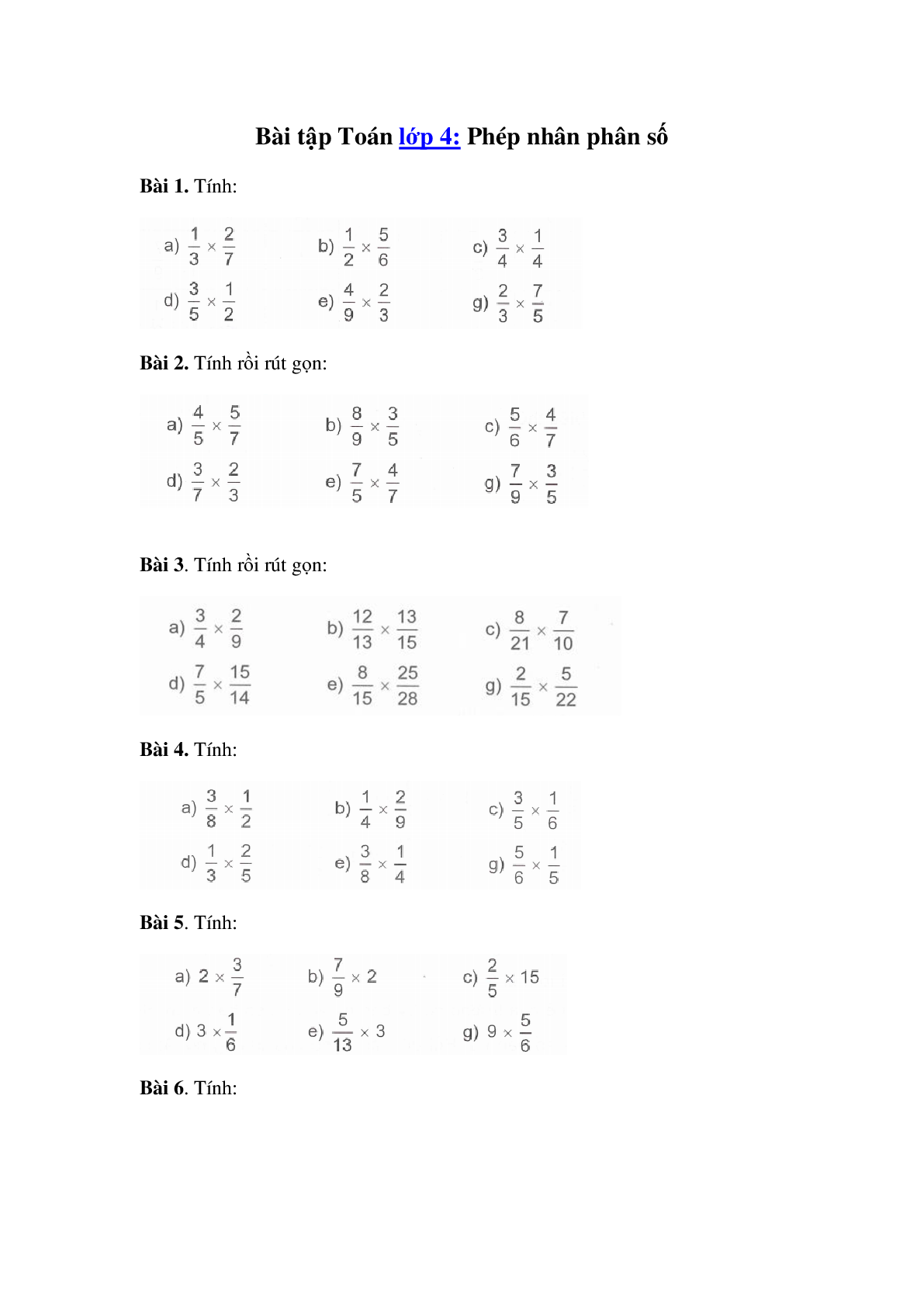 60 Bài tập về Phép nhân phân số (có đáp án năm 2024) - Toán lớp 4 (trang 1)