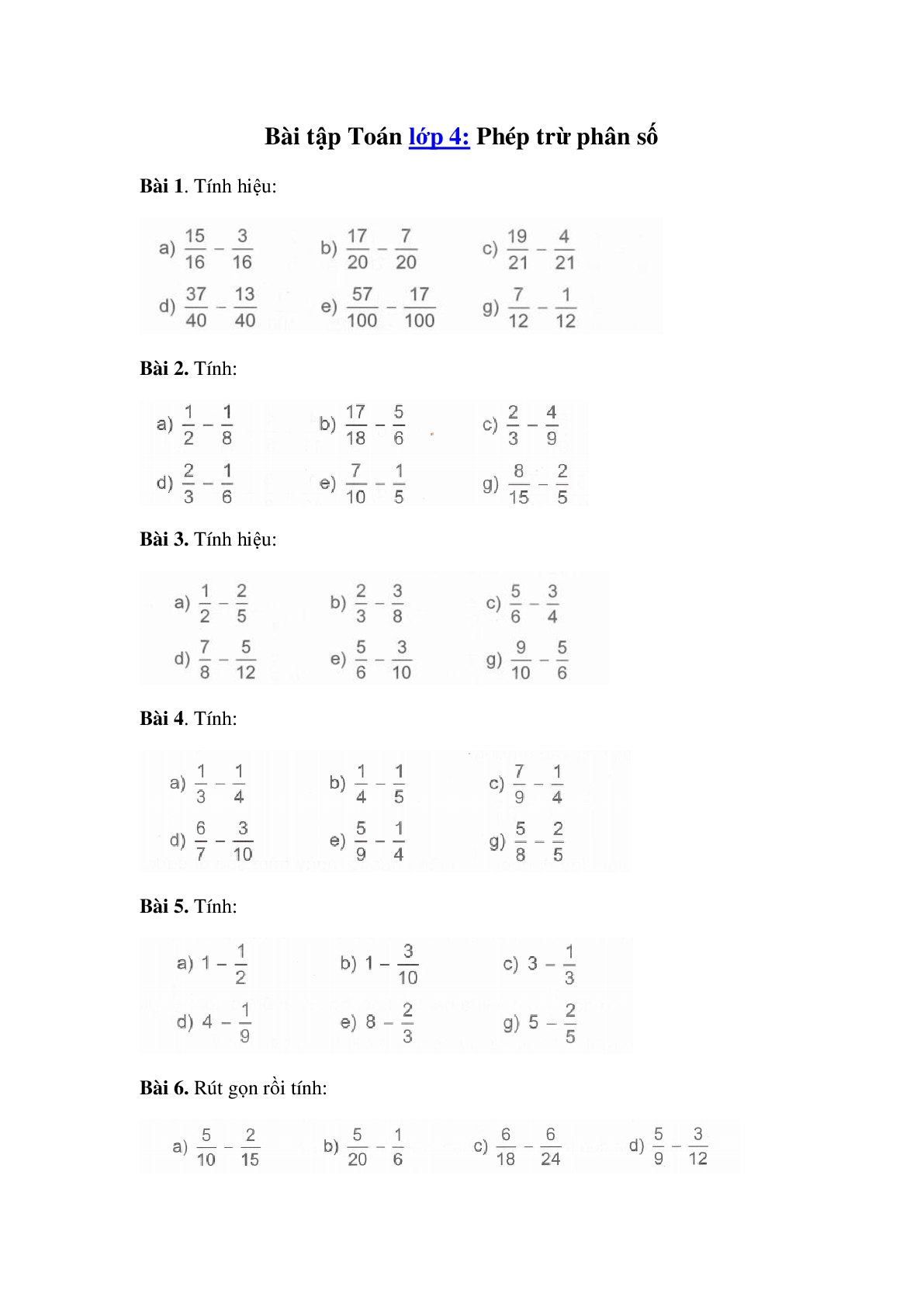 60 Bài tập về Phép trừ phân số (có đáp án năm 2024) - Toán lớp 4 (trang 1)