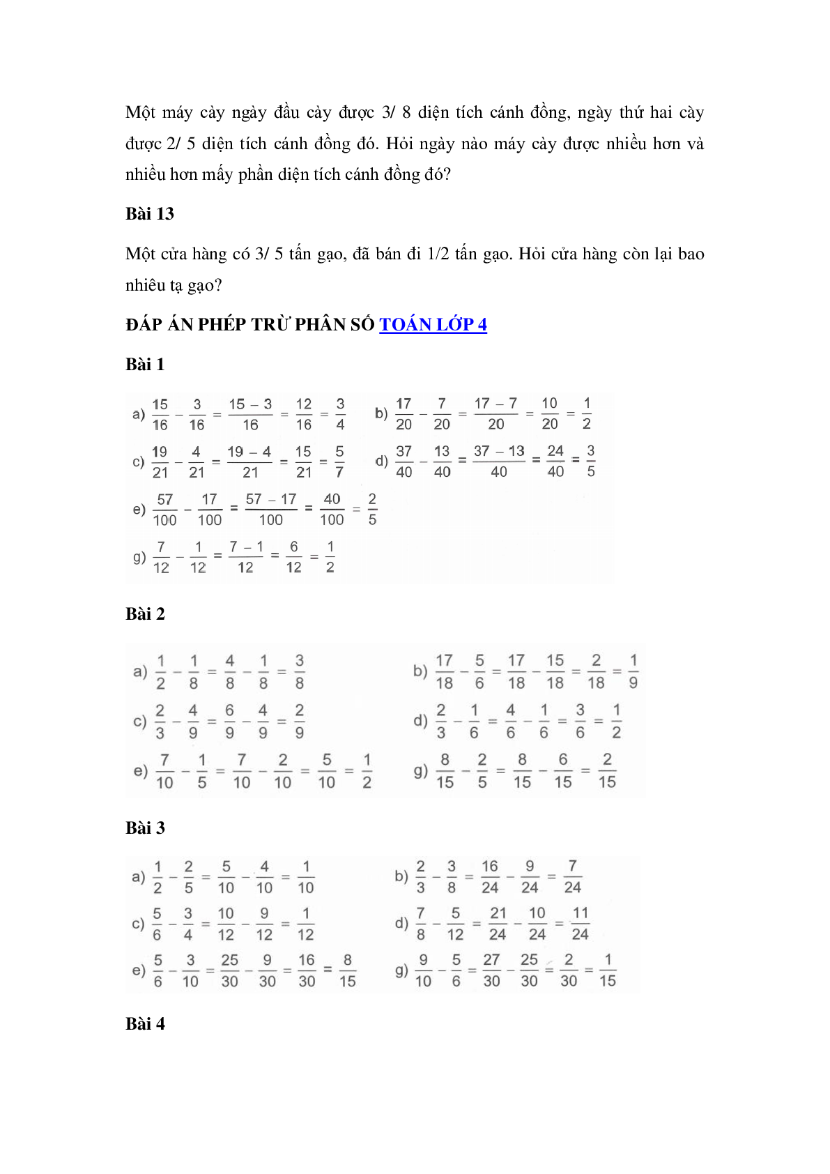 60 Bài tập về Phép trừ phân số (có đáp án năm 2024) - Toán lớp 4 (trang 3)