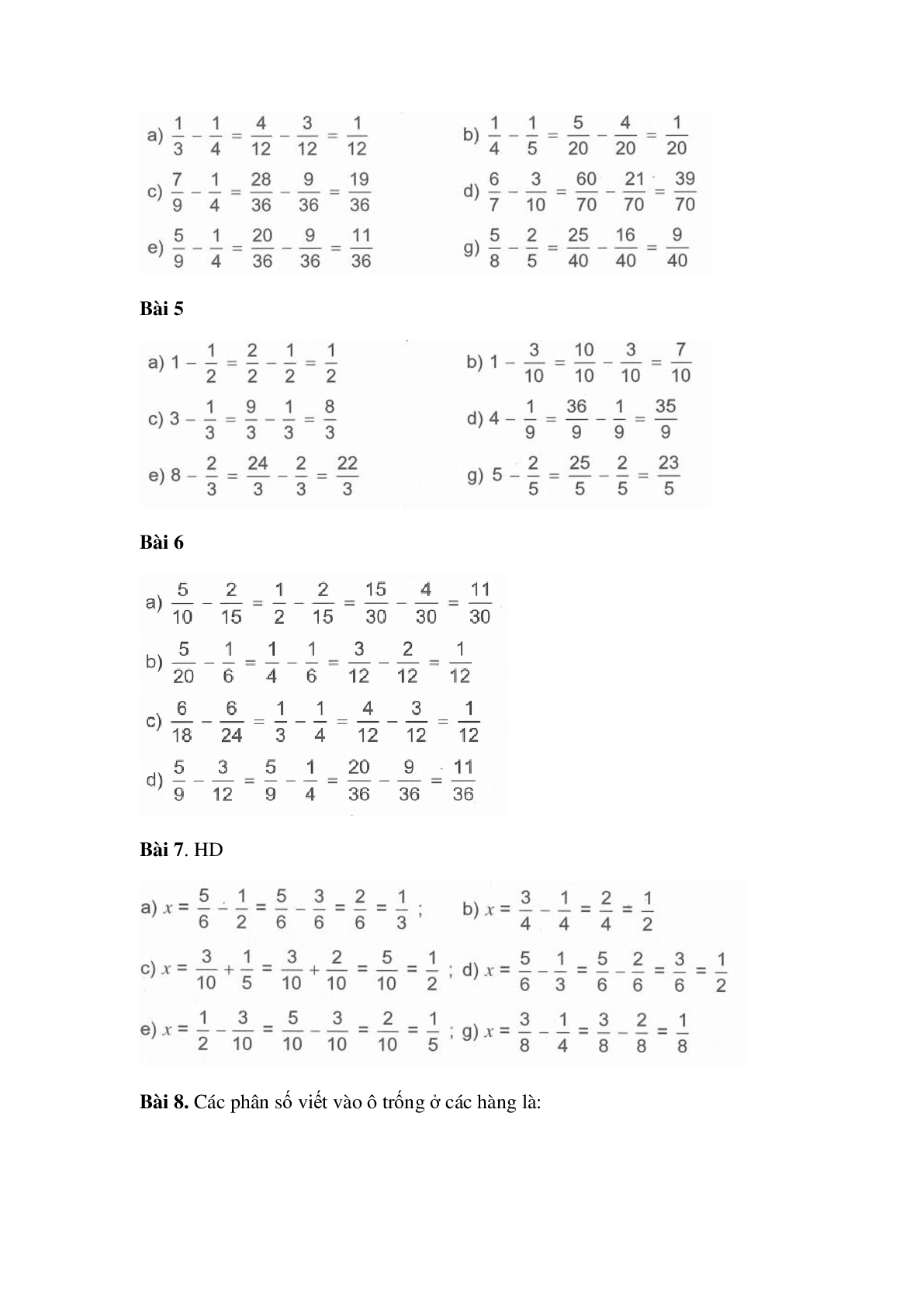 60 Bài tập về Phép trừ phân số (có đáp án năm 2024) - Toán lớp 4 (trang 4)