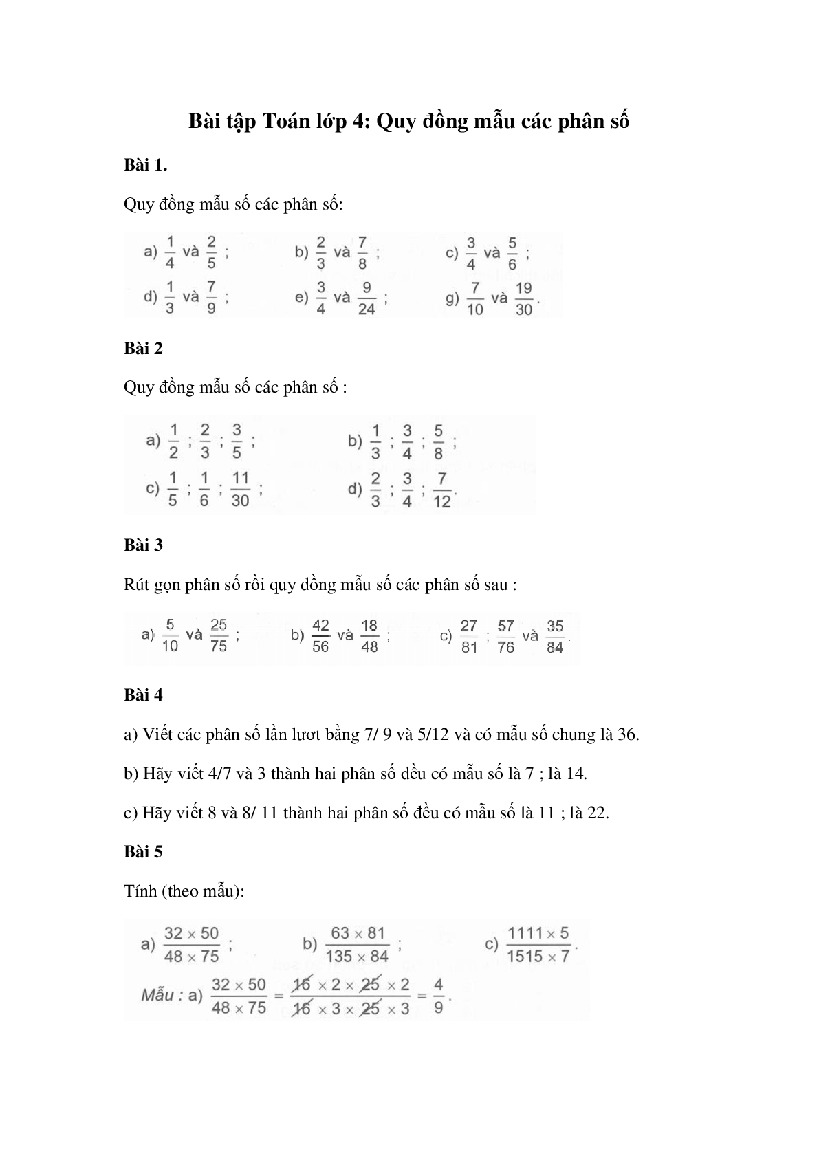 60 Bài tập về Quy đồng mẫu số các phân số (có đáp án năm 2024) - Toán lớp 4 (trang 1)