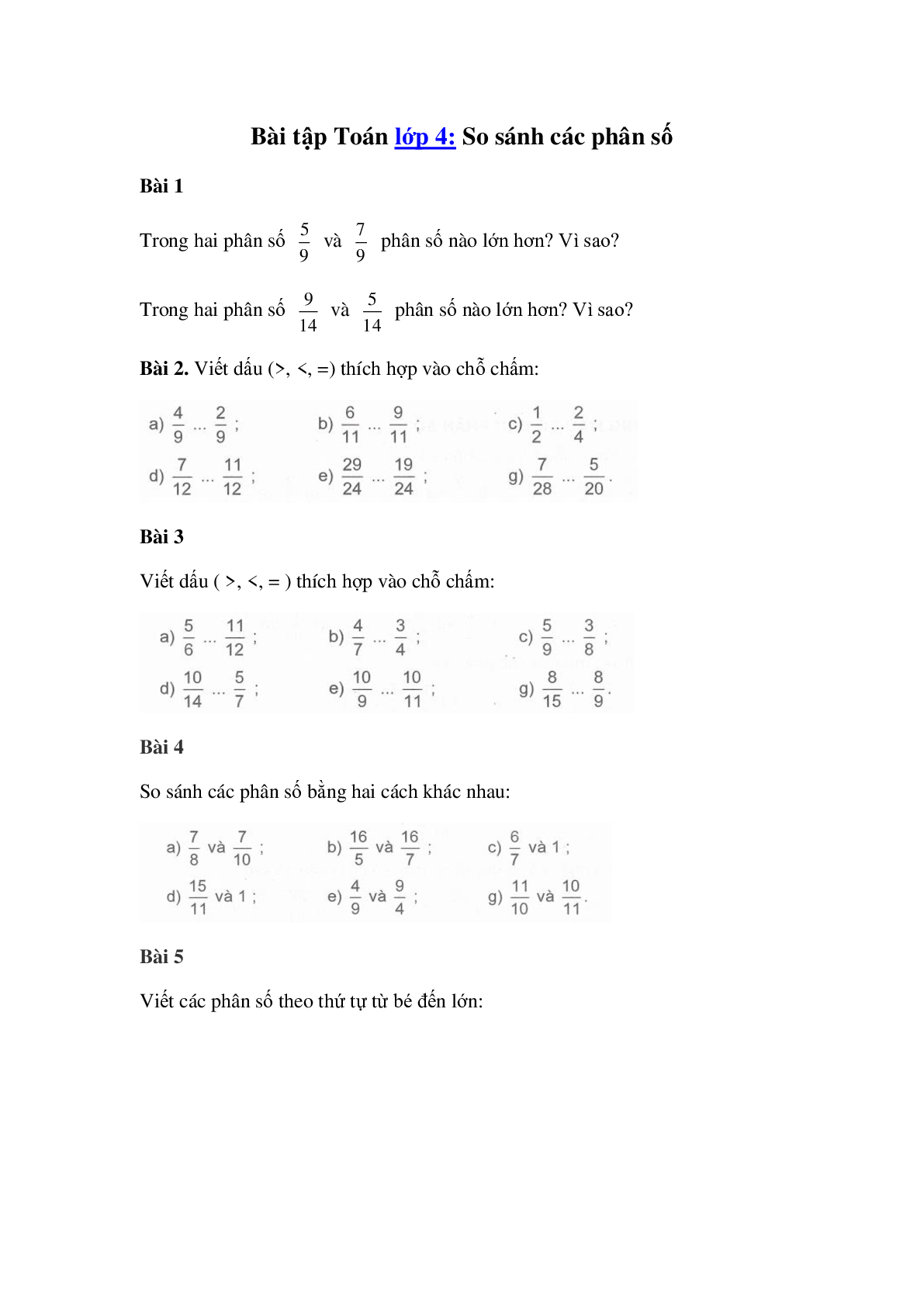 60 Bài tập về So sánh hai phân số cùng mẫu số (có đáp án năm 2024) - Toán lớp 4 (trang 1)