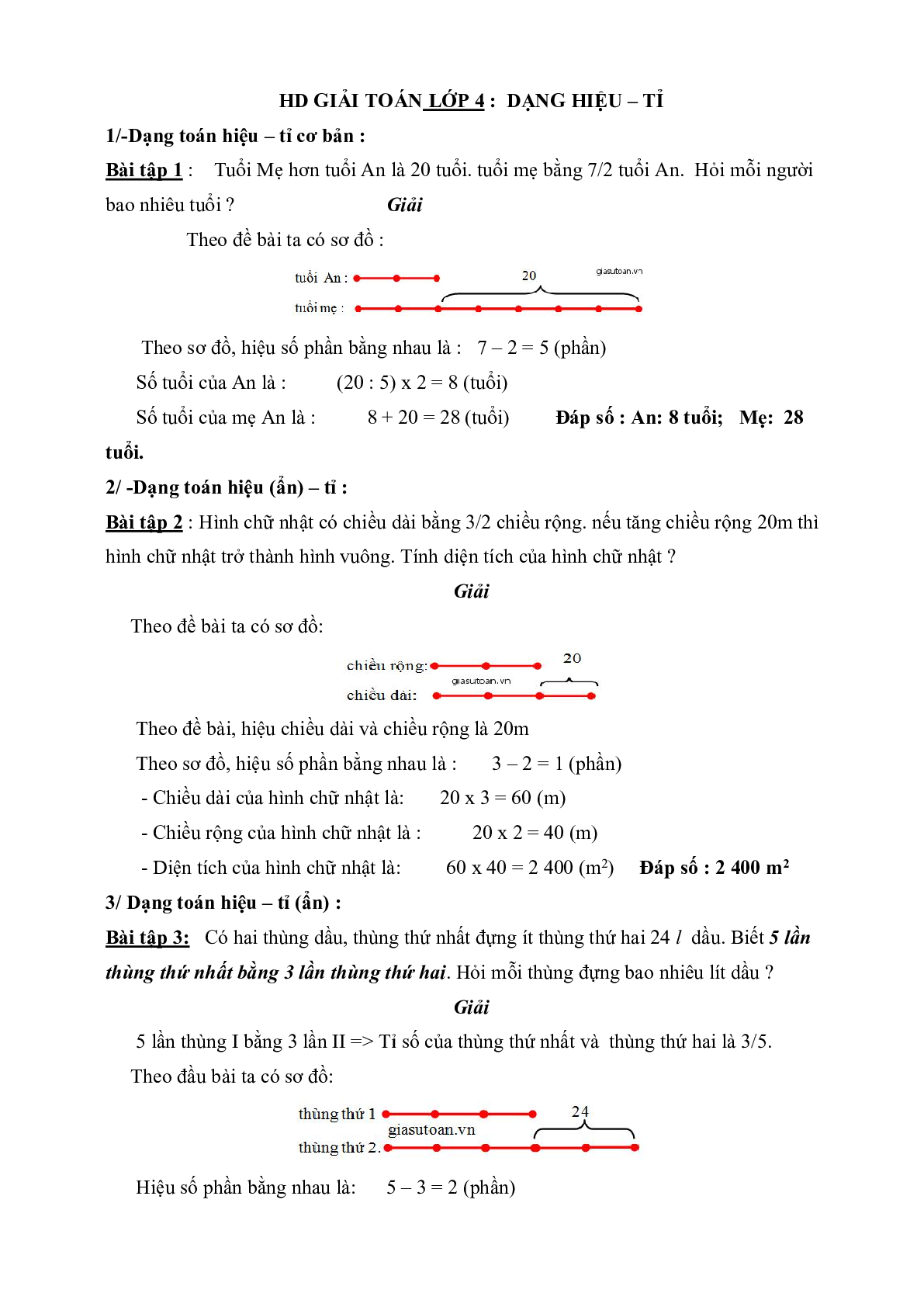 60 Bài tập về Tìm hai số khi biết hiệu và tí số của hai số đó (có đáp án năm 2024) - Toán lớp 4 (trang 1)