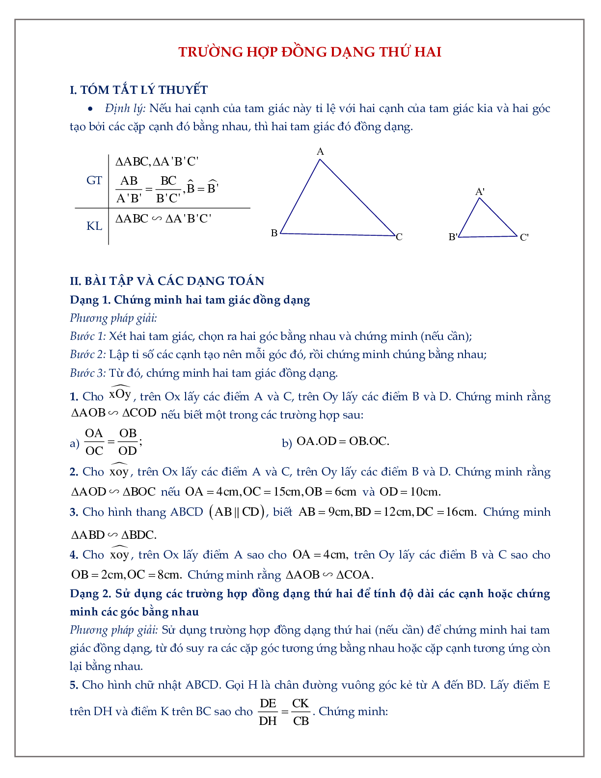 50 Bài tập về trường hợp đồng dạng thứ hai trong tam giác (có đáp án năm 2024) - Toán 8 (trang 1)