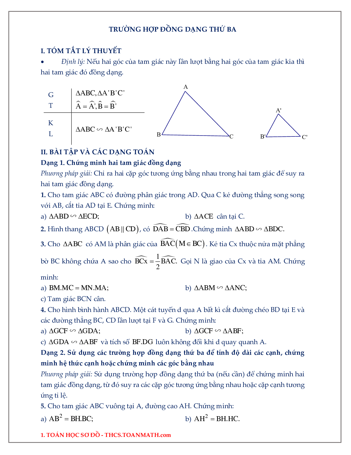 60 Bài tập về trường hợp đồng dạng thứ ba trong tam giác (có đáp án năm 2024) - Toán 8 (trang 1)
