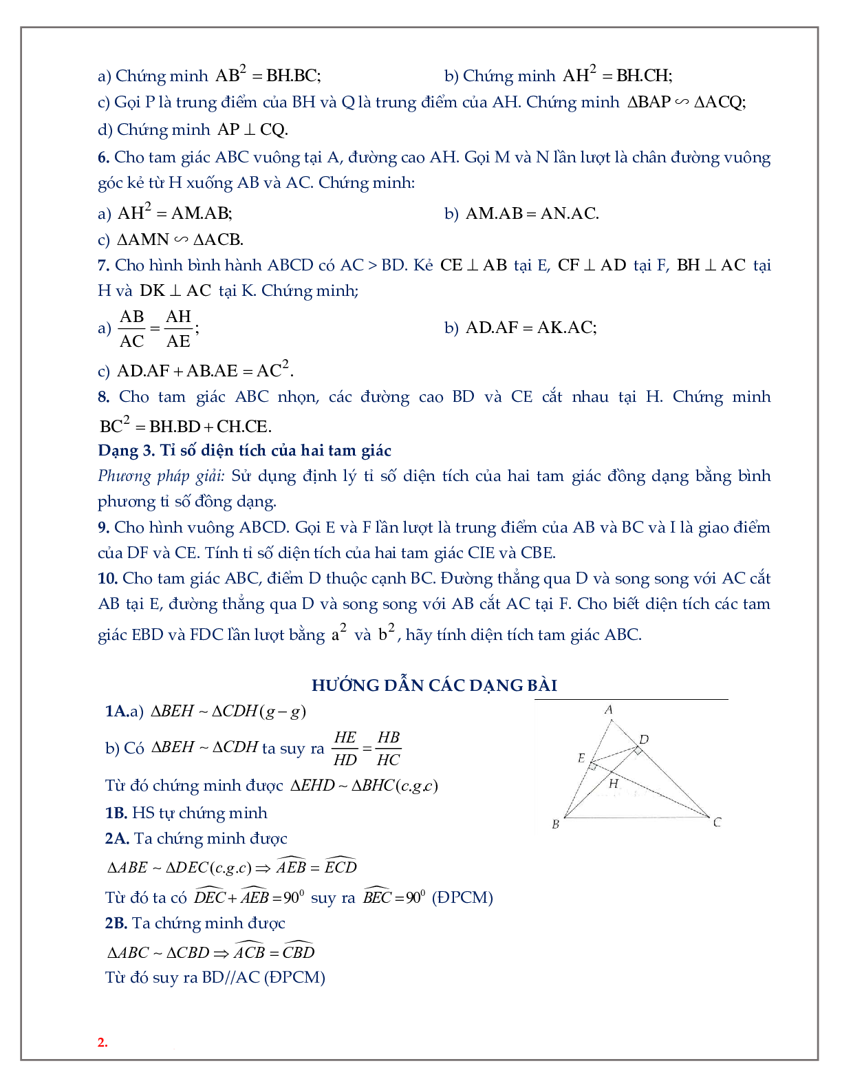 60 Bài tập về các trường hợp đồng dạng của tam giác vuông (có đáp án năm 2024) - Toán 8 (trang 2)