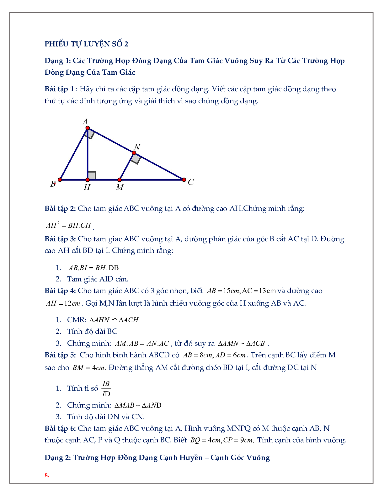 60 Bài tập về các trường hợp đồng dạng của tam giác vuông (có đáp án năm 2024) - Toán 8 (trang 8)