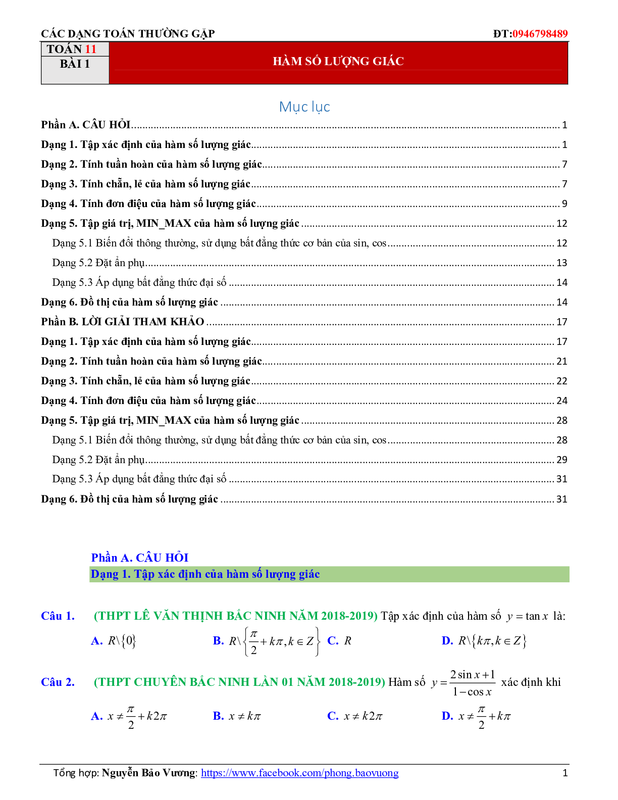 500 Bài tập Toán 11 chương 1: Hàm số lượng giác và phương trình lượng giác (có đáp án năm 2024) (trang 1)
