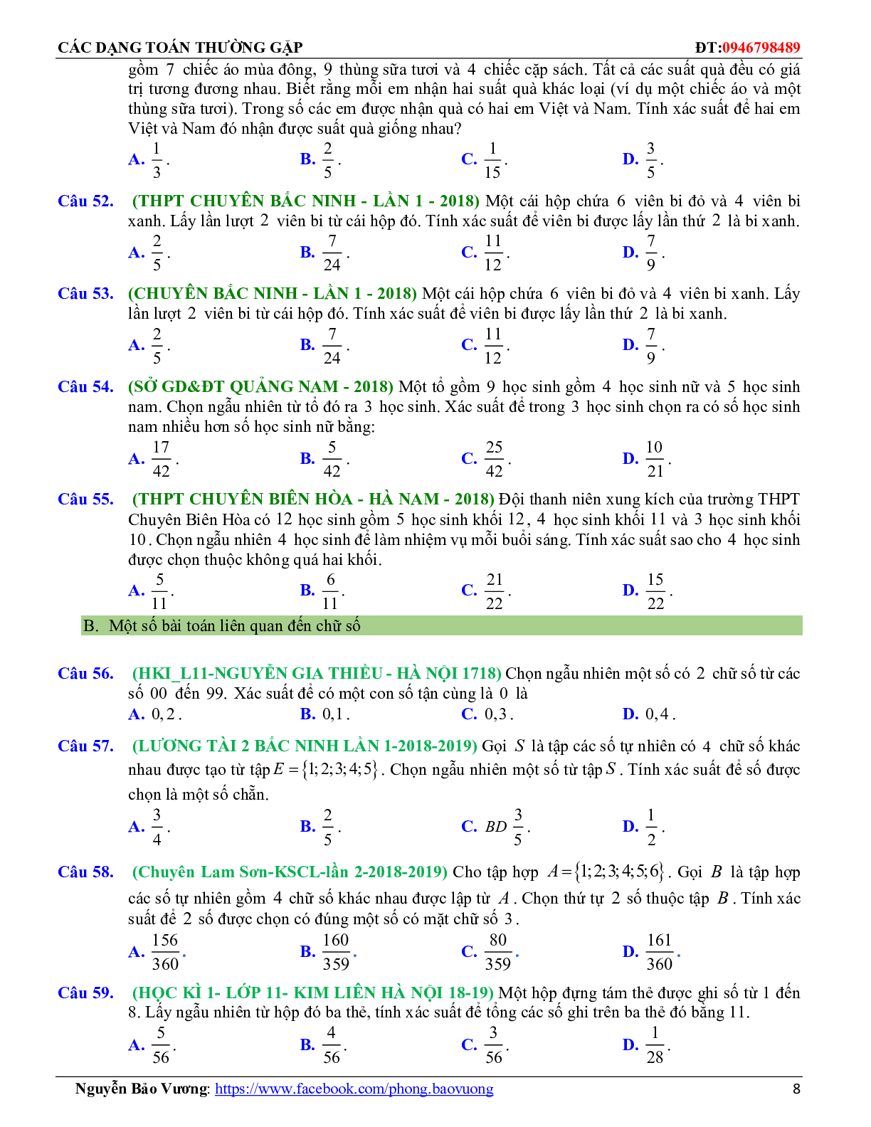 175 Bài tập về xác suất của biến cố (có đáp án năm 2023) - Toán 11 (trang 8)