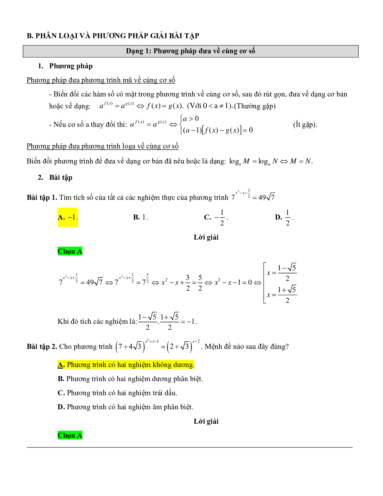 60 Bài tập về Phương trình mũ và phương trình logarit (có đáp án năm 2024) (trang 3)