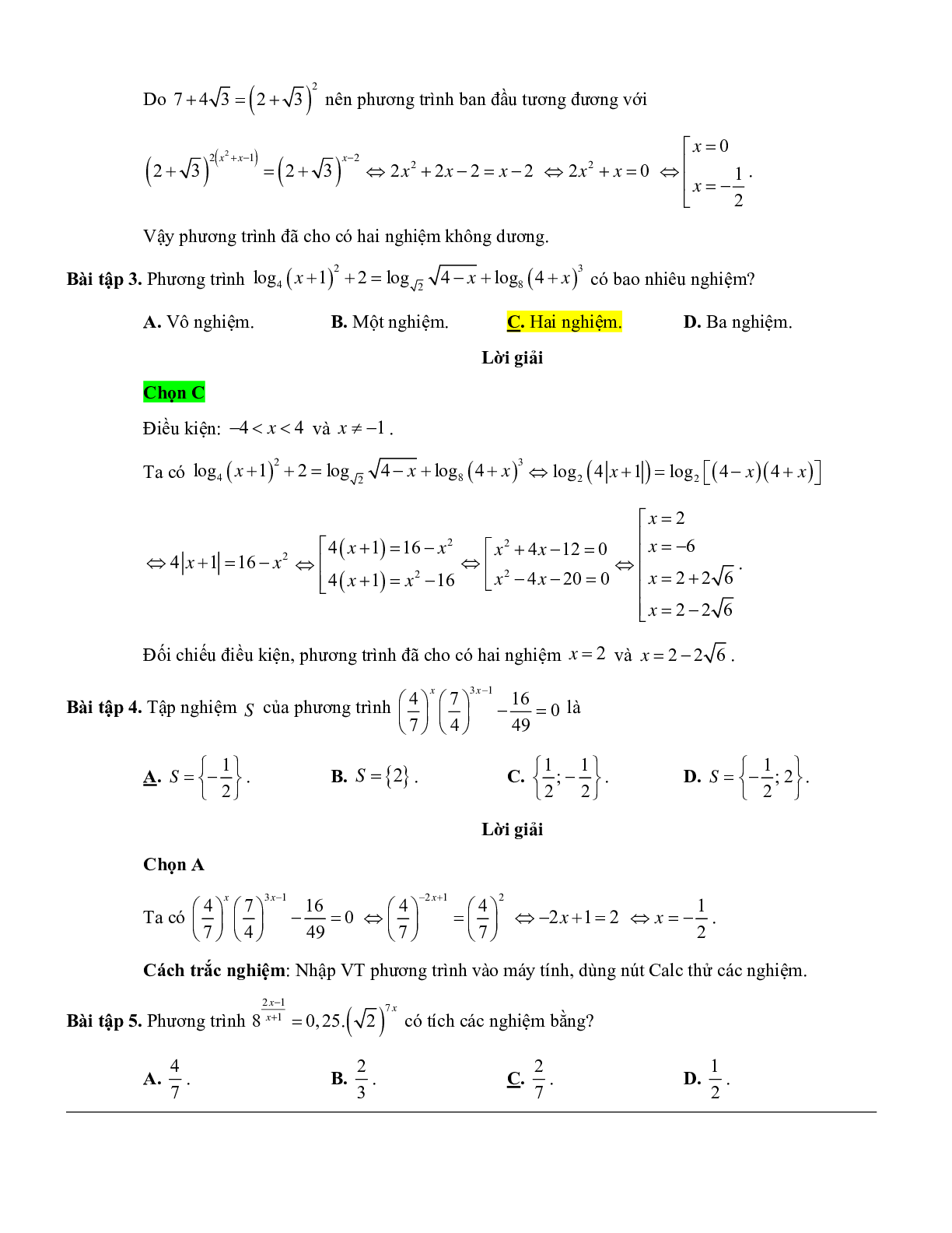 60 Bài tập về Phương trình mũ và phương trình logarit (có đáp án năm 2024) (trang 4)