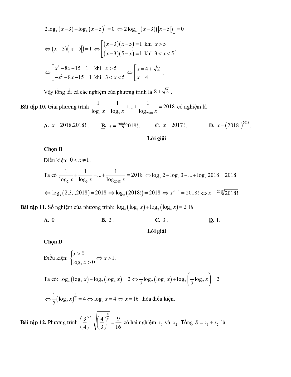 60 Bài tập về Phương trình mũ và phương trình logarit (có đáp án năm 2024) (trang 7)