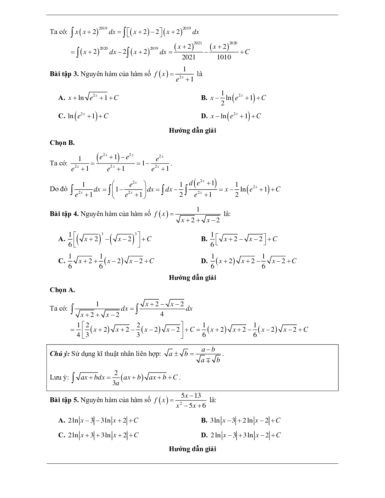 60 Bài tập về Nguyên hàm ( có đáp án năm 2024 ) (trang 4)