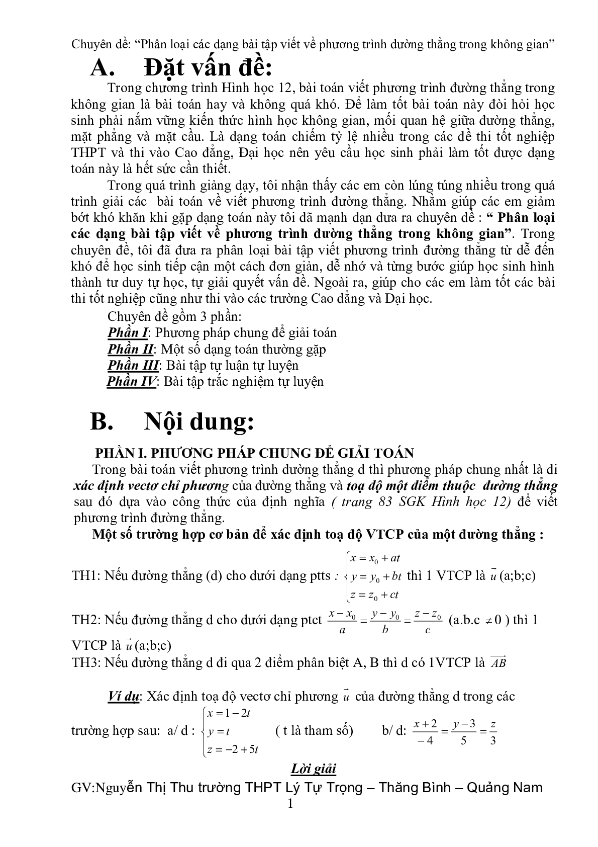 60 Bài tập về phương trình đường thẳng trong không gian (có đáp án năm 2024) - Toán 12 (trang 1)
