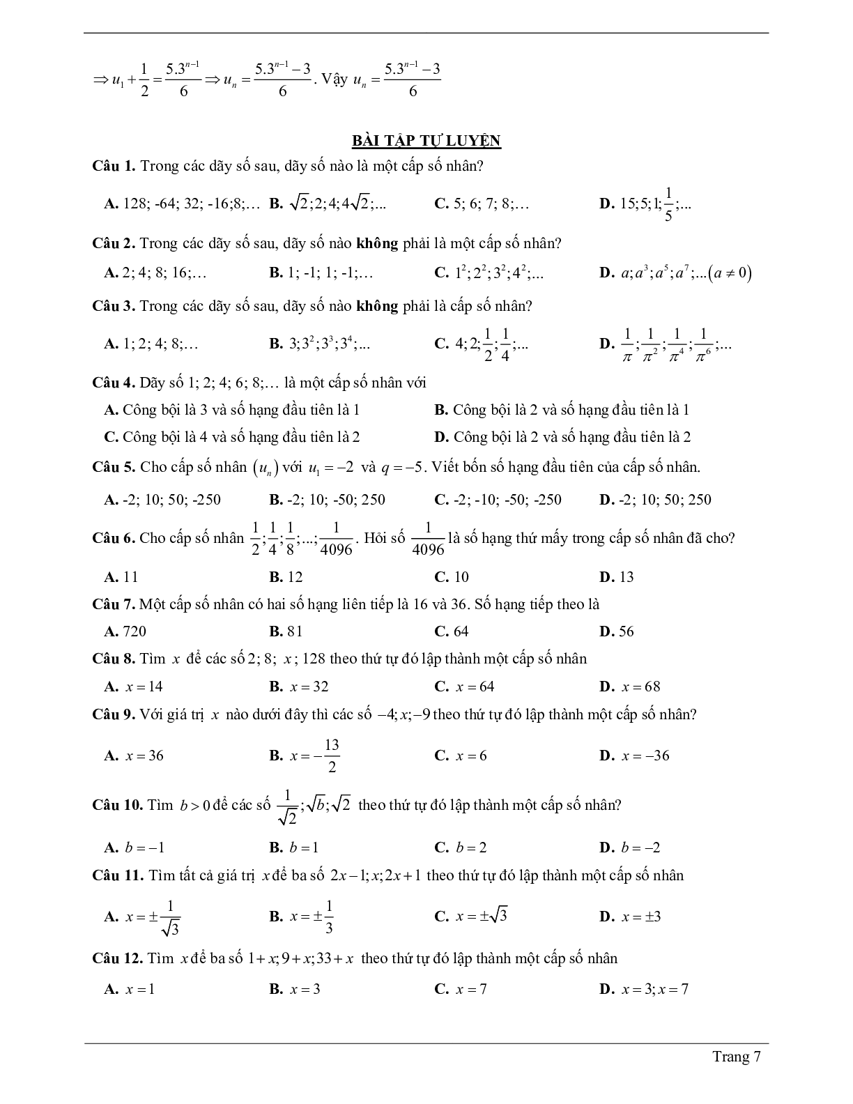 120 Bài tập về cấp số nhân (có đáp án năm 2024) - Toán 11 (trang 7)