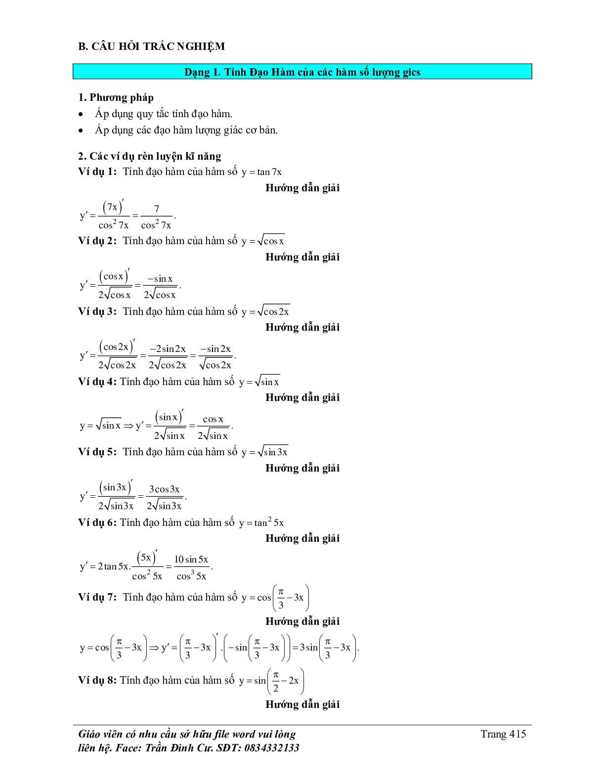 70 Bài tập về đạo hàm của hàm số lượng giác (có đáp án năm 2024) - Toán 11 (trang 2)