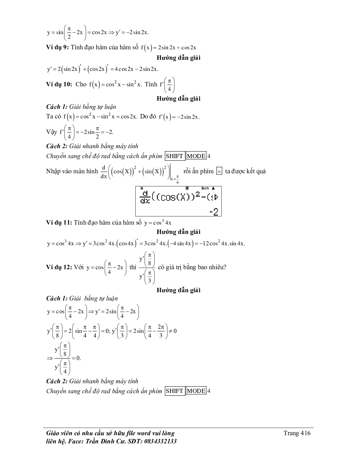 70 Bài tập về đạo hàm của hàm số lượng giác (có đáp án năm 2024) - Toán 11 (trang 3)