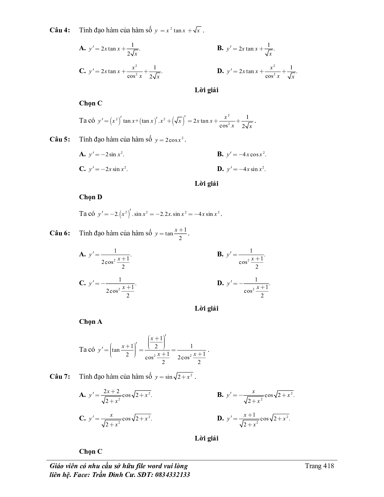 70 Bài tập về đạo hàm của hàm số lượng giác (có đáp án năm 2024) - Toán 11 (trang 5)