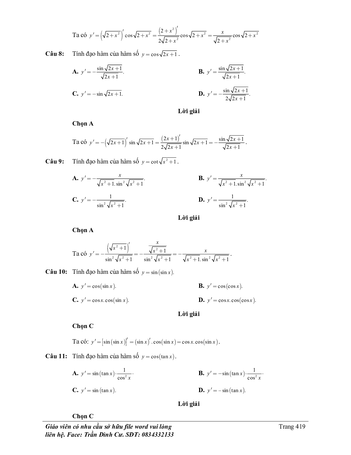 70 Bài tập về đạo hàm của hàm số lượng giác (có đáp án năm 2024) - Toán 11 (trang 6)
