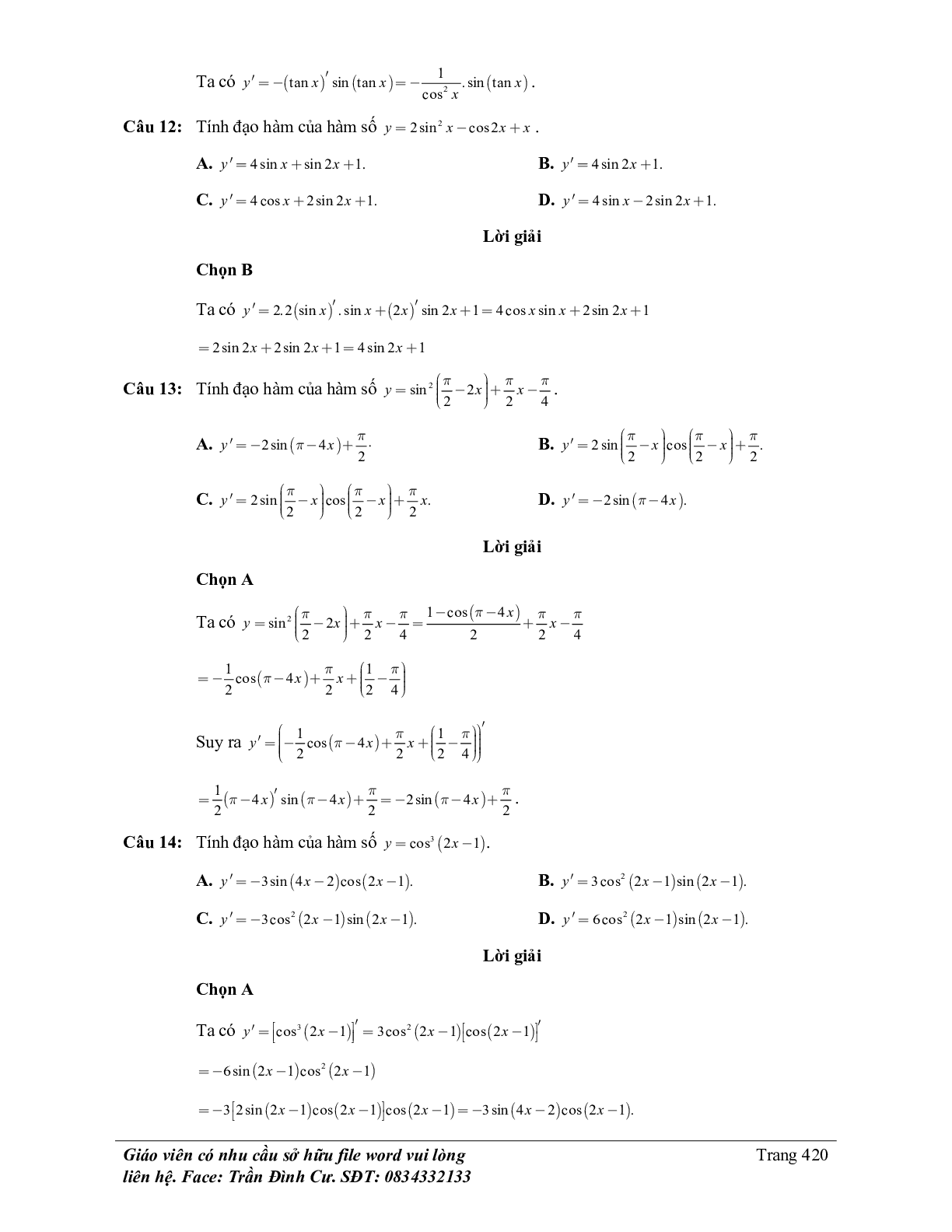 70 Bài tập về đạo hàm của hàm số lượng giác (có đáp án năm 2024) - Toán 11 (trang 7)