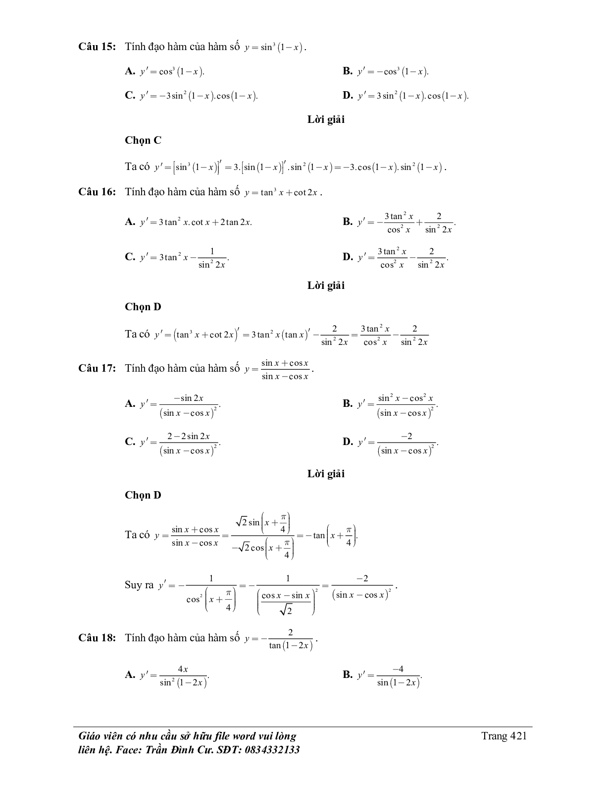 70 Bài tập về đạo hàm của hàm số lượng giác (có đáp án năm 2024) - Toán 11 (trang 8)