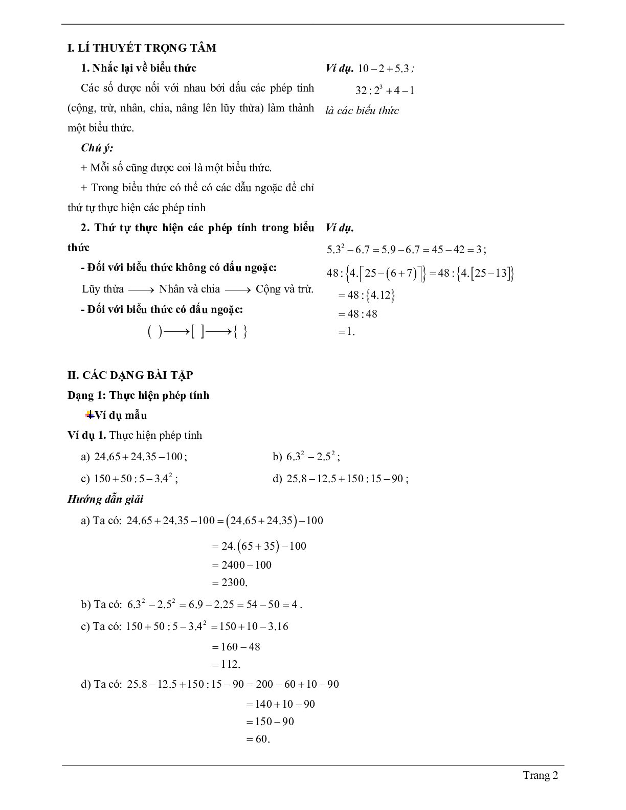 50 Bài tập về thứ tự thực hiện các phép tính (có đáp án năm 2024) - Toán 6 (trang 2)