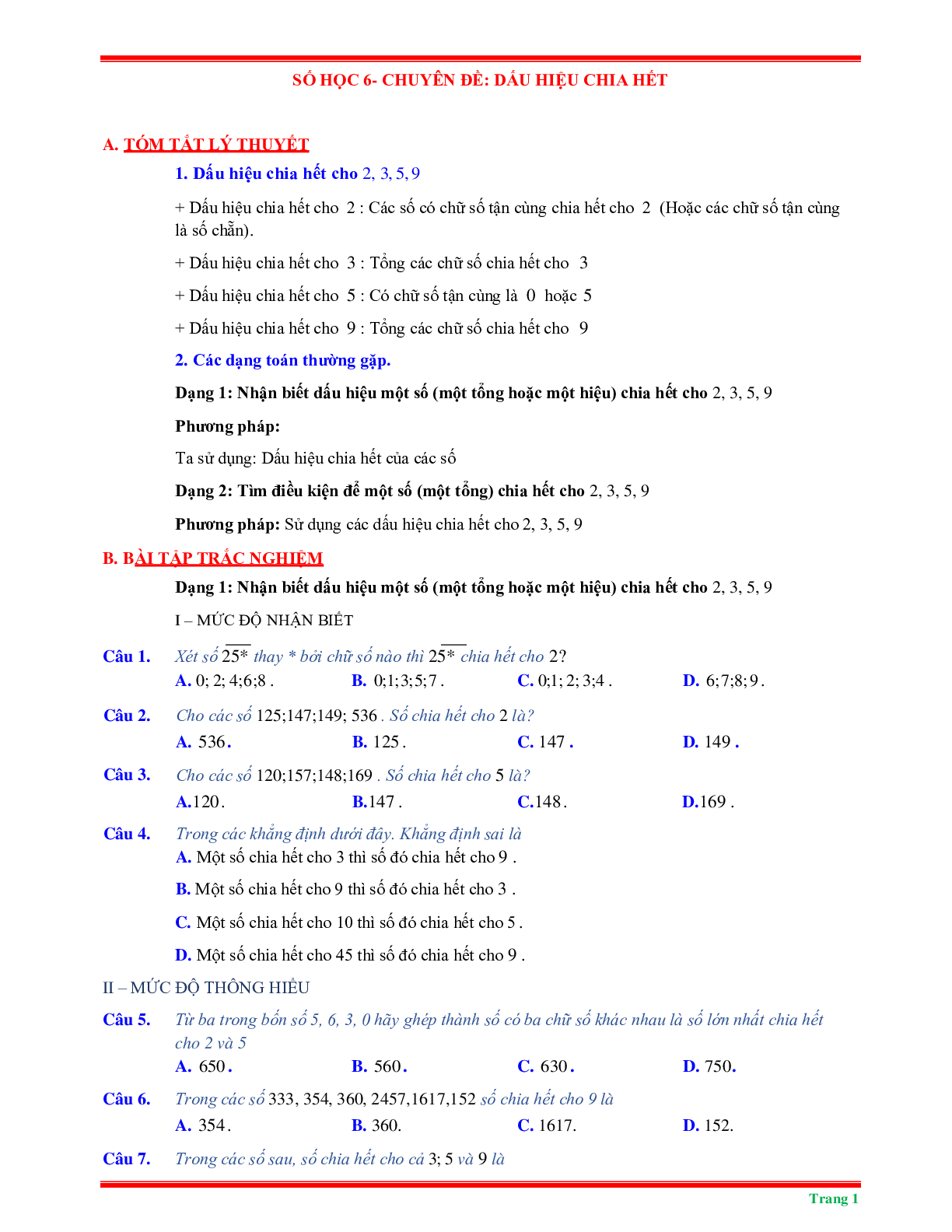 50 Bài tập về dấu hiệu chia hết (có đáp án năm 2024) - Toán 6 (trang 1)