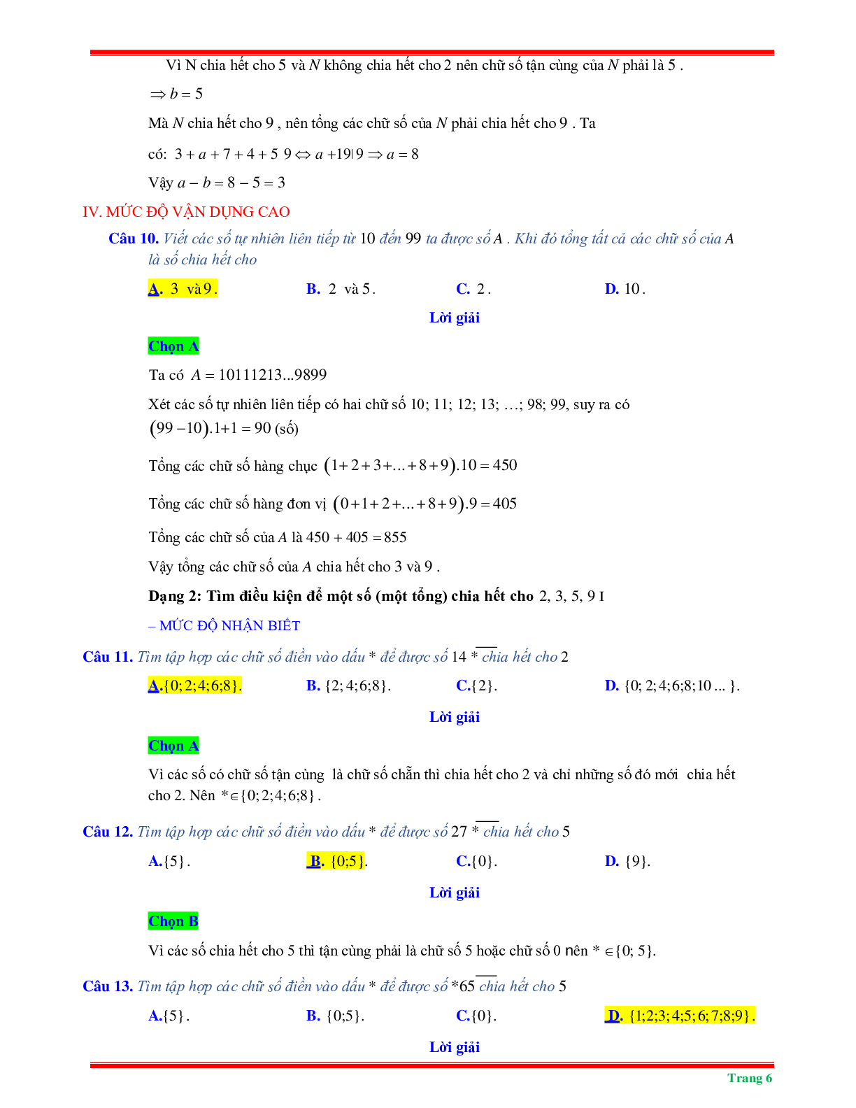 50 Bài tập về dấu hiệu chia hết (có đáp án năm 2024) - Toán 6 (trang 6)