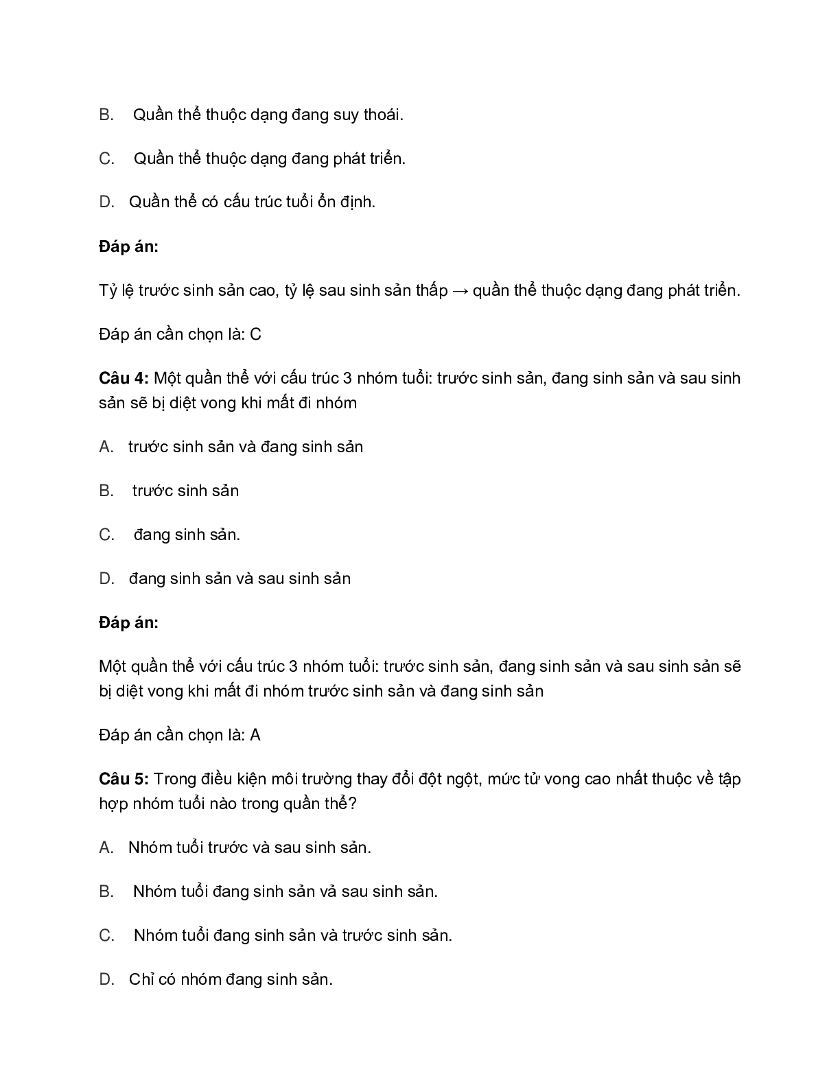 60 bài tập về các đặc trưng cơ bản của quần thể sinh vật (có đáp án năm 2024) (trang 5)