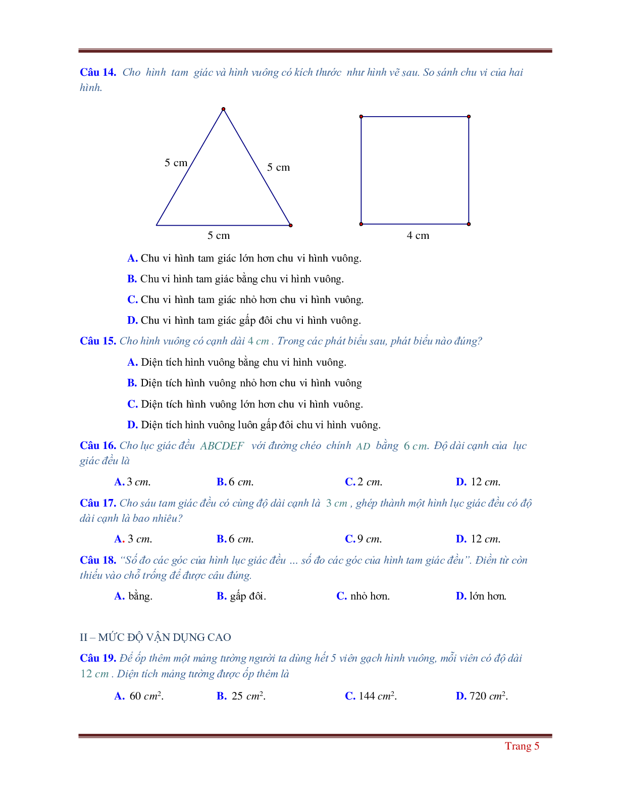 50 Bài tập về hình tam giác đều. hình vuông. hình lục giác đều (có đáp án năm 2024) - Toán 6 (trang 5)