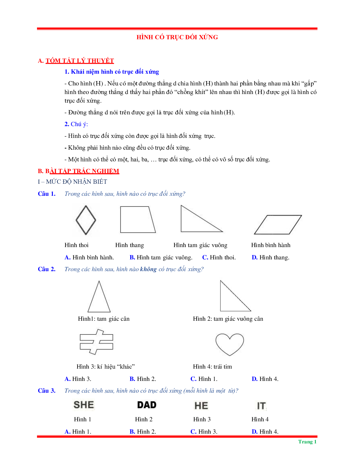 50 Bài tập về hình có trục đối xứng (có đáp án năm 2023) - Toán 6 (trang 1)
