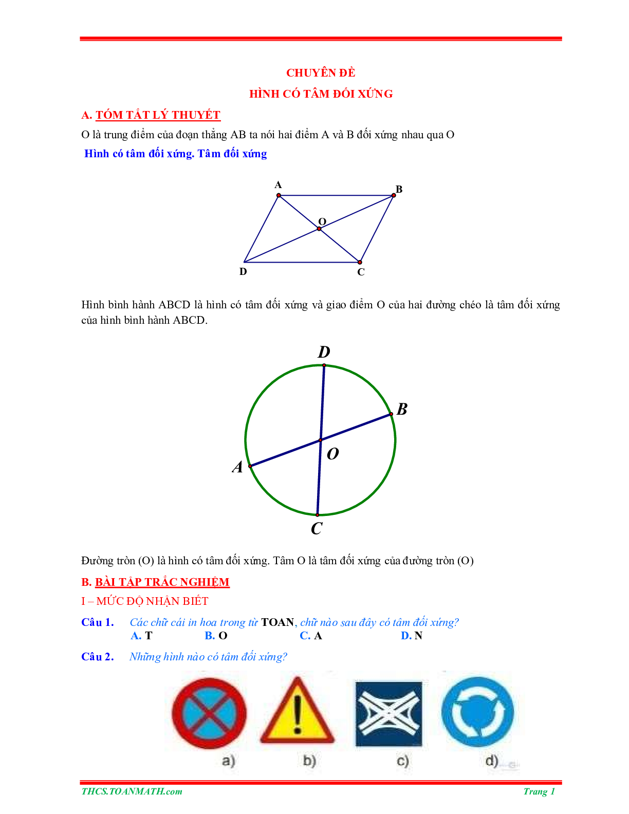 50 Bài tập về hình có tâm đối xứng (có đáp án năm 2023) - Toán 6 (trang 1)