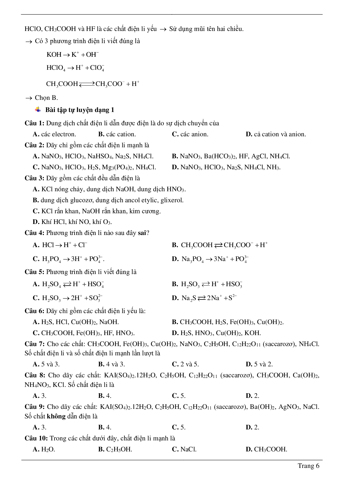 30 Bài tập về sự điện li (2024) có đáp án chi tiết nhất (trang 6)