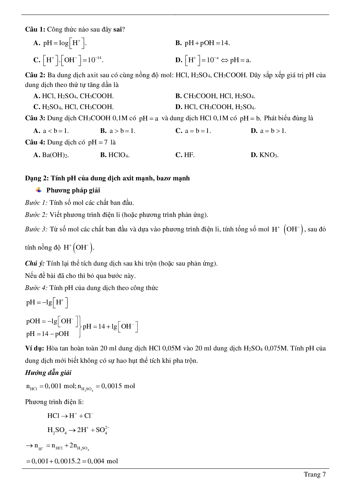 30 Bài tập về Sự điện li của nước. pH. Chất chỉ thị axit – bazơ (2024) có đáp án chi tiết nhất (trang 7)