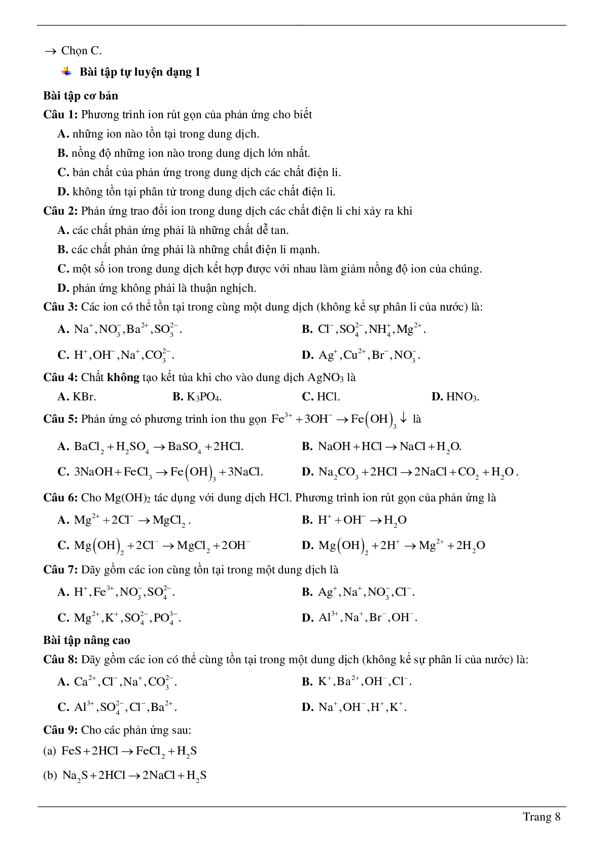 30 Bài tập về Phản ứng trao đổi ion trong dung dịch các chất điện li (2024) có đáp án chi tiết nhất (trang 8)