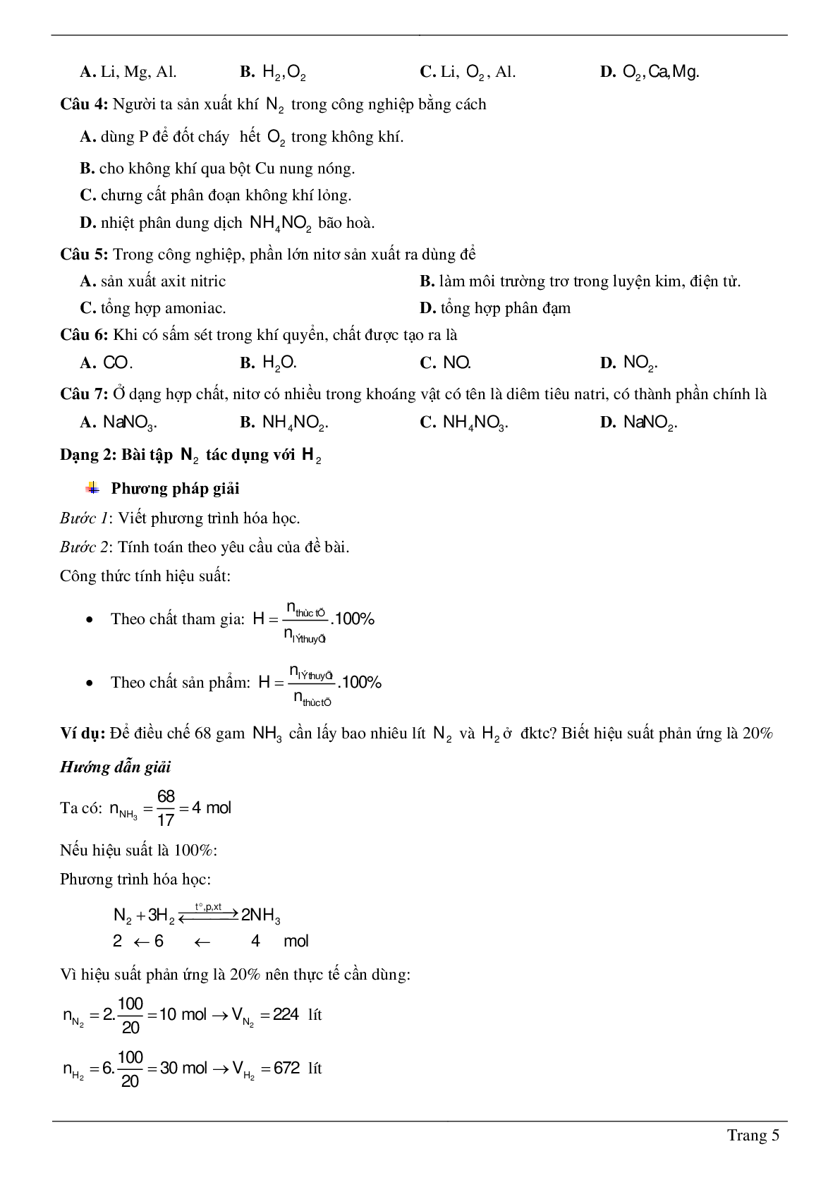 30 Bài tập về nitơ (2024) có đáp án chi tiết nhất (trang 5)