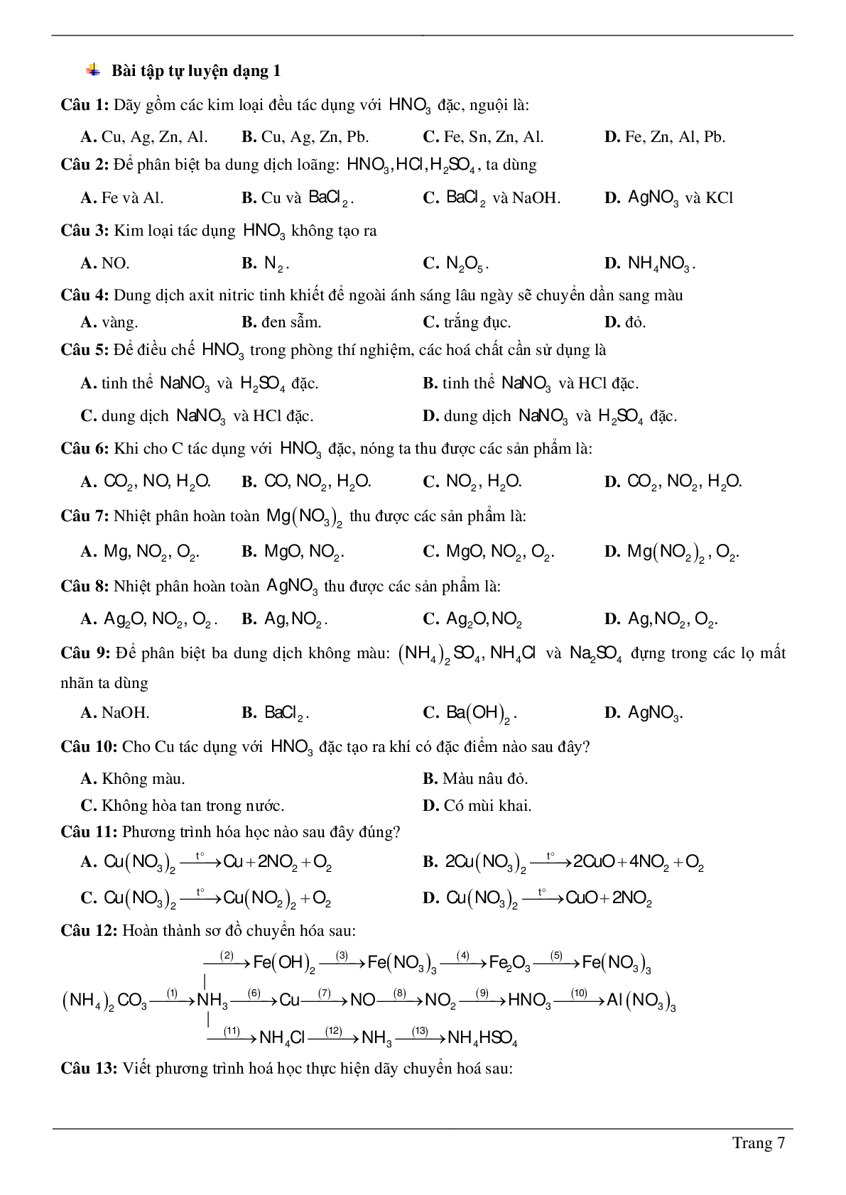 30 Bài tập về Axit nitric và muối nitrat (2024) có đáp án chi tiết nhất (trang 7)