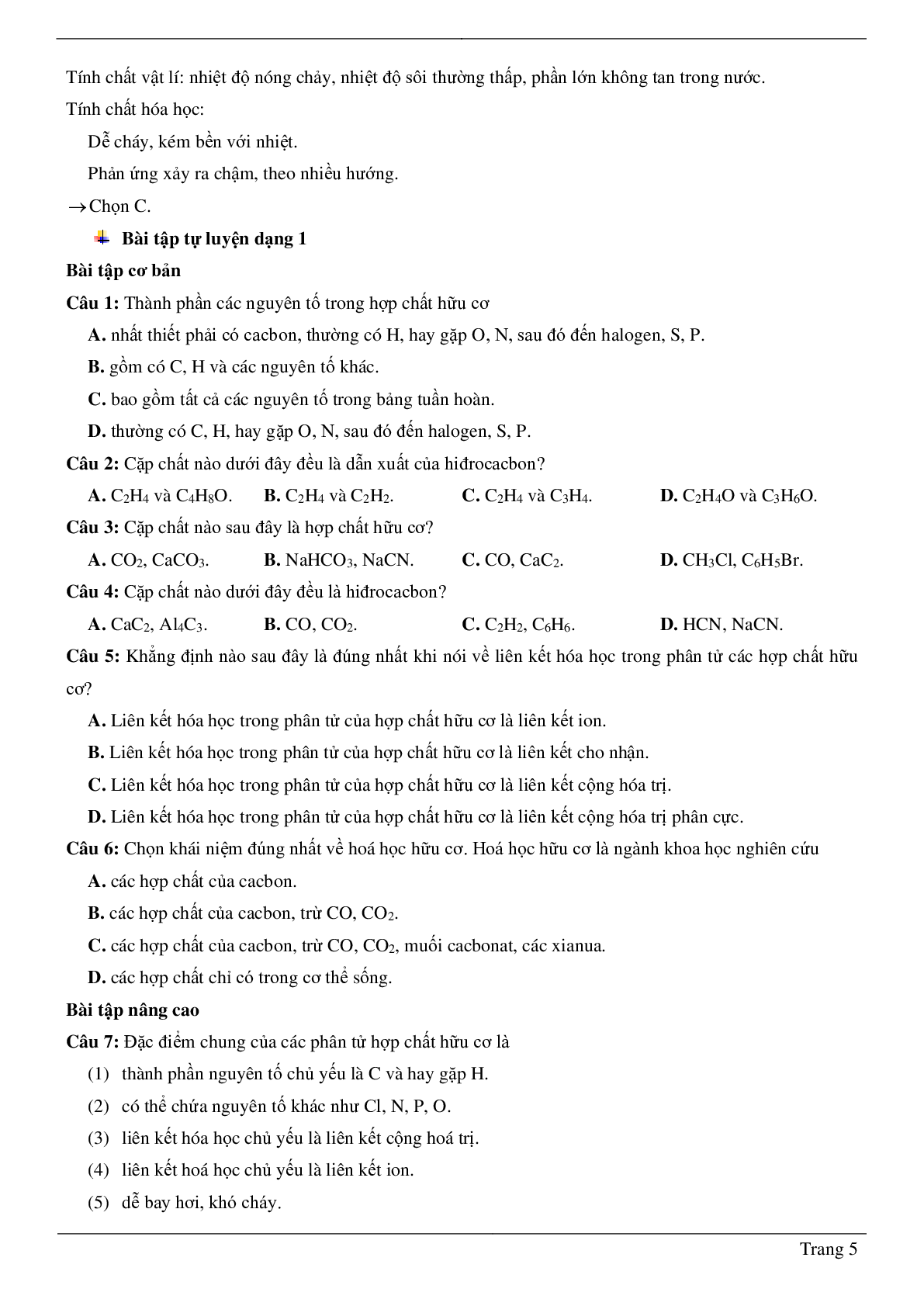 50 Bài tập mở đầu về hóa học hữu cơ (2024) có đáp án chi tiết nhất (trang 5)