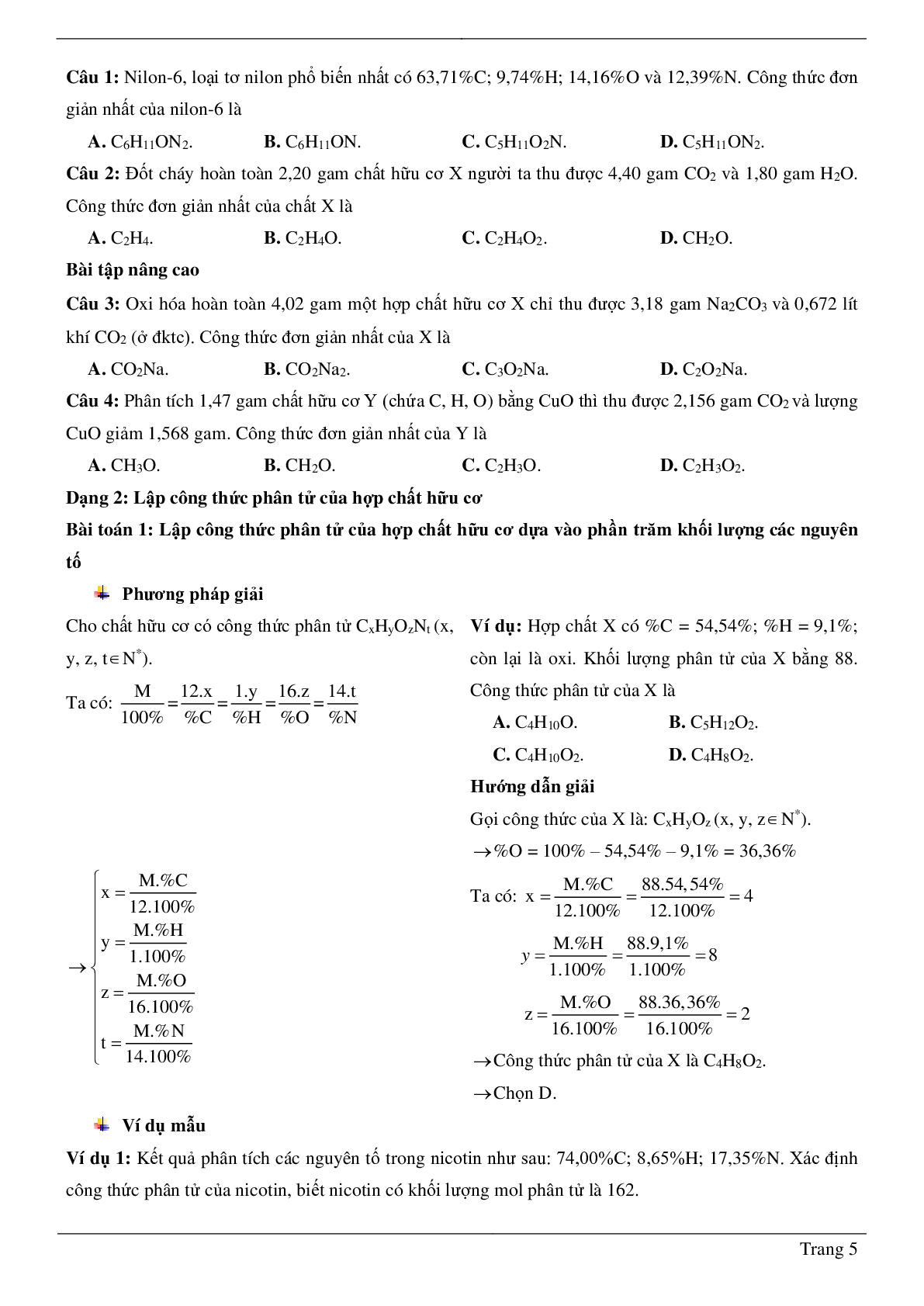 70 Bài tập công thức phân tử hợp chất hữu cơ (2024) có đáp án chi tiết nhất (trang 5)