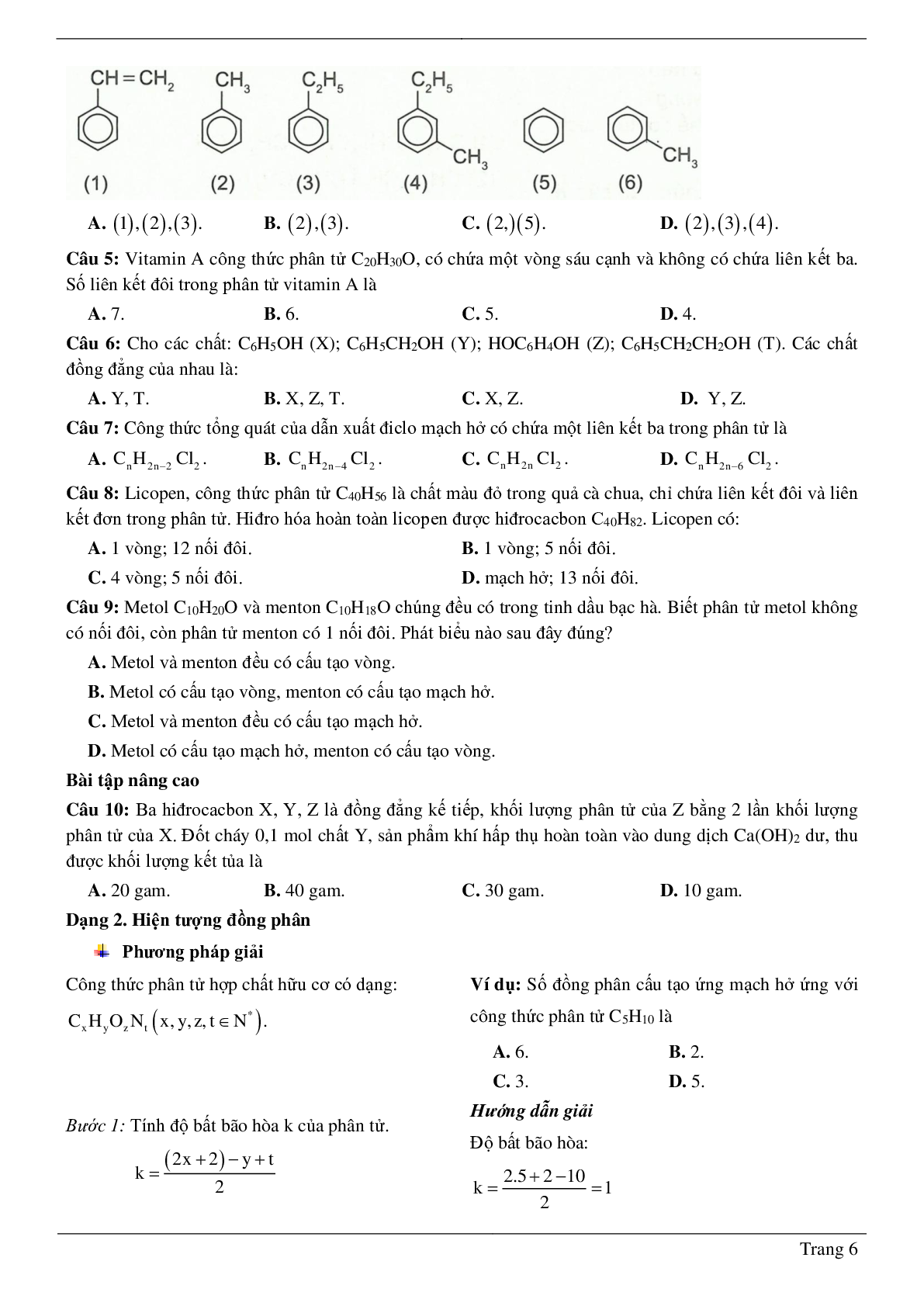 60 Bài tập cấu trúc phân tử hợp chất hữu cơ (2024) có đáp án chi tiết nhất (trang 6)