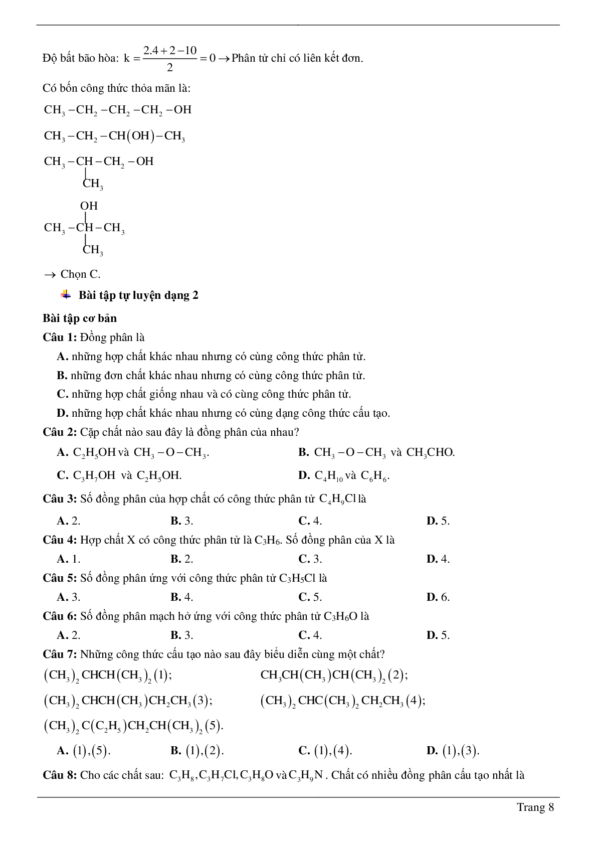 60 Bài tập cấu trúc phân tử hợp chất hữu cơ (2024) có đáp án chi tiết nhất (trang 8)