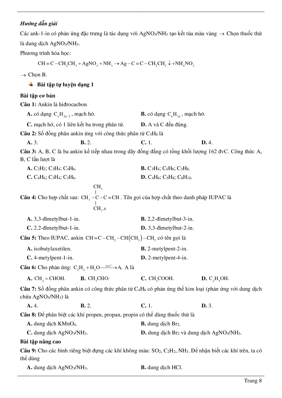 60 Bài tập về Ankin (2024) có đáp án chi tiết nhất (trang 8)