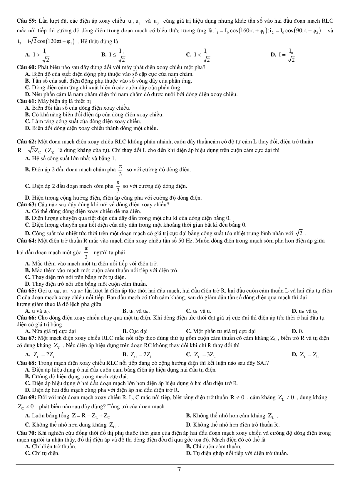 90 bài tập về đại cương về dòng điện xoay chiều (2024) có đáp án chi tiết nhất (trang 8)