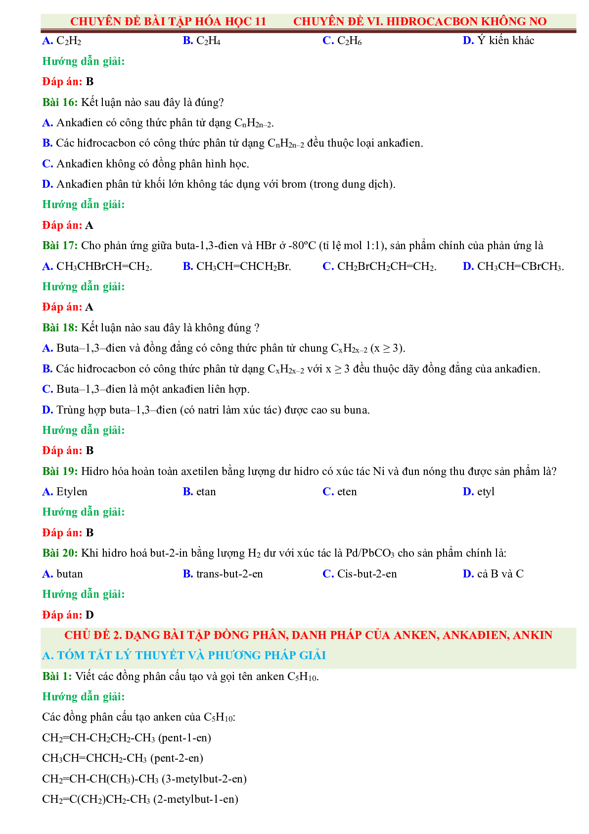 500 Bài tập Hóa 11 Chương 6: Hiđrocacbon không no (có đáp án năm 2023) (trang 3)
