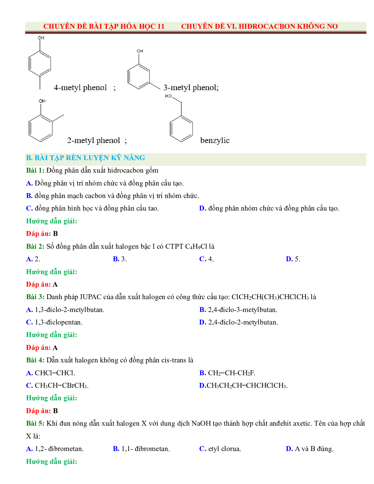 500 Bài tập Hóa 11 Chương 8: Dẫn xuất halogen - Ancol - Phenol (có đáp án năm 2023) (trang 6)