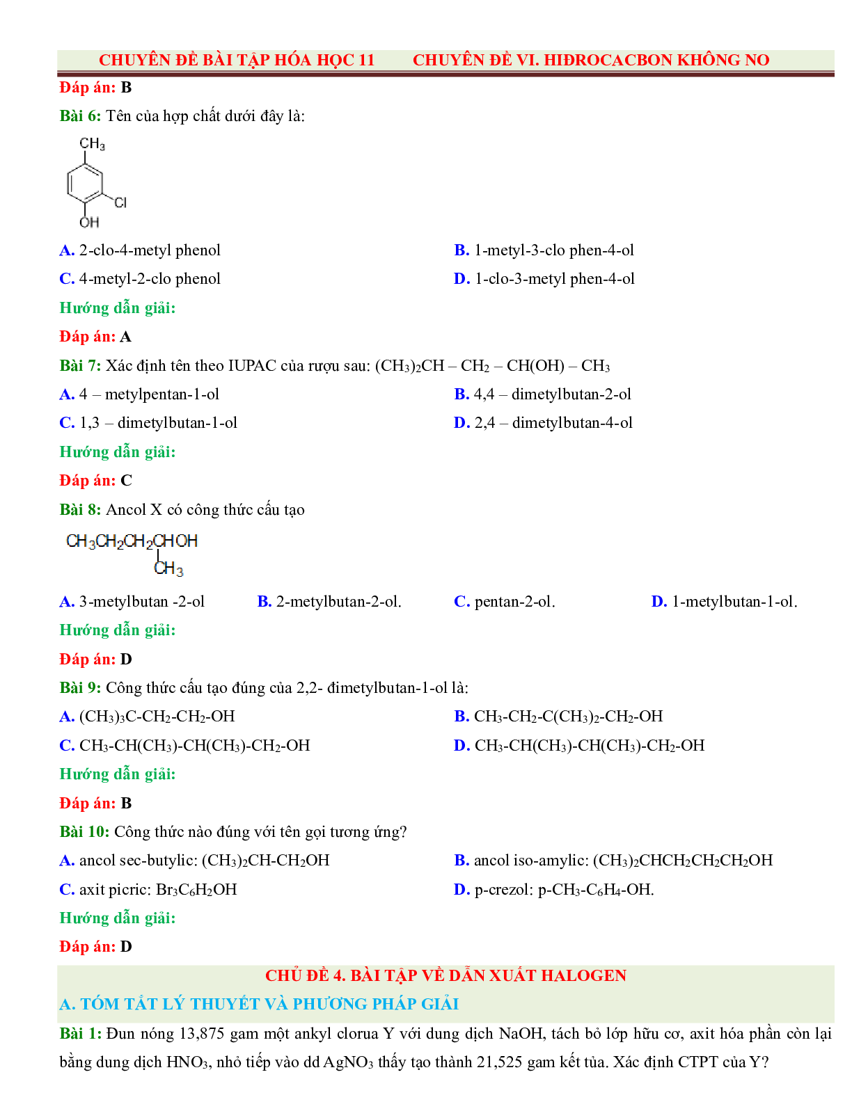 500 Bài tập Hóa 11 Chương 8: Dẫn xuất halogen - Ancol - Phenol (có đáp án năm 2023) (trang 7)