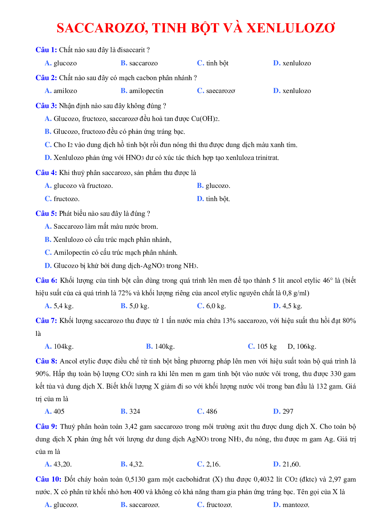 70 Bài tập về Saccarozơ, tinh bột và xenlulozơ (2024) có đáp án chi tiết nhất (trang 1)