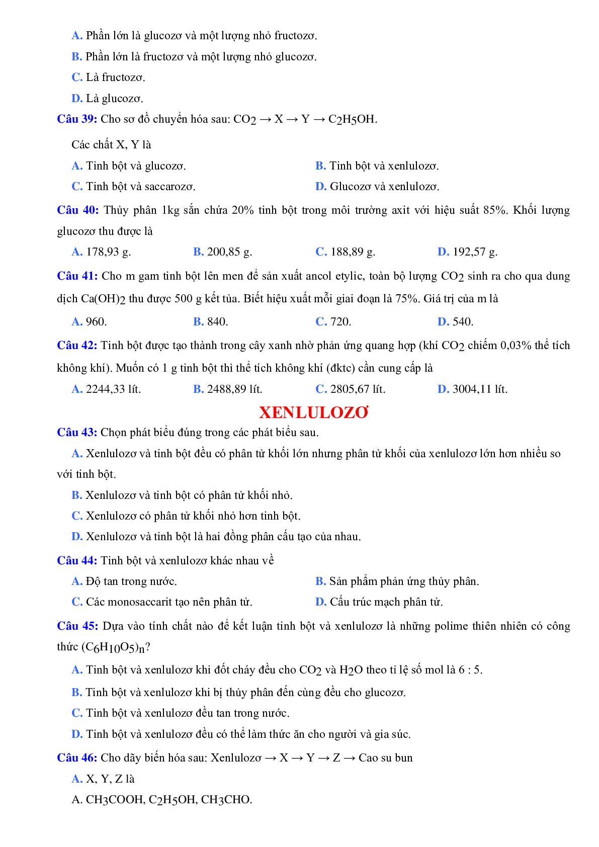 70 Bài tập về Saccarozơ, tinh bột và xenlulozơ (2024) có đáp án chi tiết nhất (trang 5)