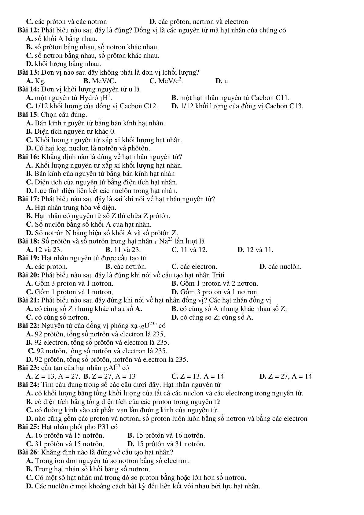 80 bài tập về tính chất và cấu tạo hạt nhân (2024) có đáp án chi tiết nhất (trang 4)